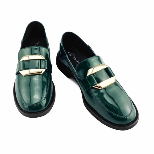Bo Derek 英倫風金屬飾扣方頭樂福鞋-綠色