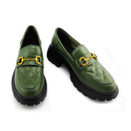 Bo Derek 菱格紋金屬馬銜釦厚底樂福鞋-軍綠色