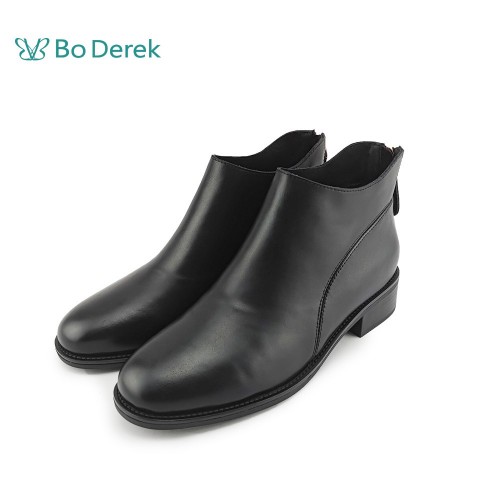 Bo Derek 縫線皮革拼接後拉鍊低跟短靴-黑色