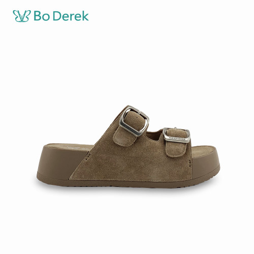Bo Derek 復古寬帶方釦厚底休閒拖鞋-卡其