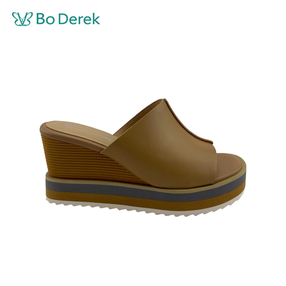 Bo Derek 簡約大方真皮撞色厚底楔型拖鞋-棕