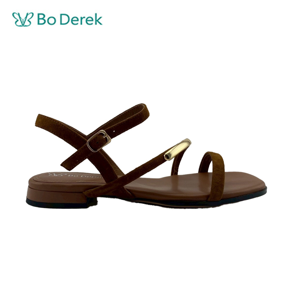 Bo Derek 簡約條帶拚接質感金屬繫裸平底涼鞋-咖啡