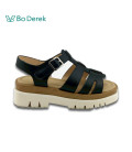 Bo Derek 質感開邊珠牛皮方釦寬帶厚底休閒涼鞋-黑