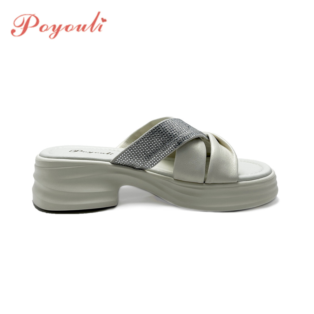 Poyouli 鑽面交叉純色寬帶厚底拖鞋-米白