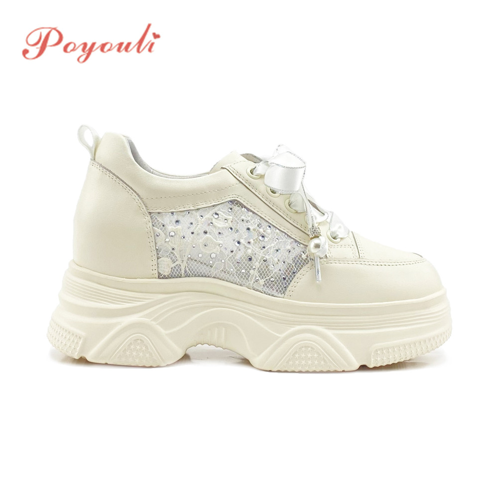 Poyouli 韓系蕾絲拚接牛皮鍛面綁帶厚底休閒鞋-米