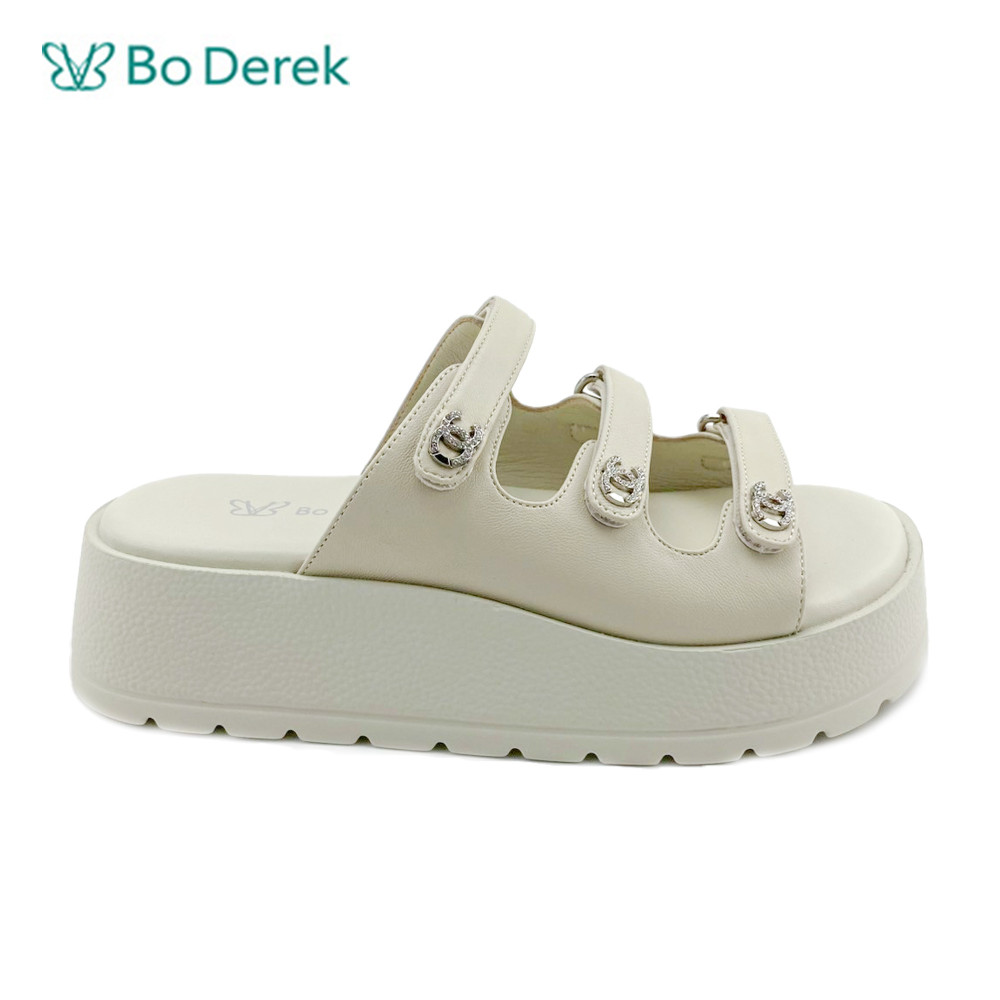 Bo Derek 簡約真皮條帶佐水鑽厚底休閒拖鞋-米白