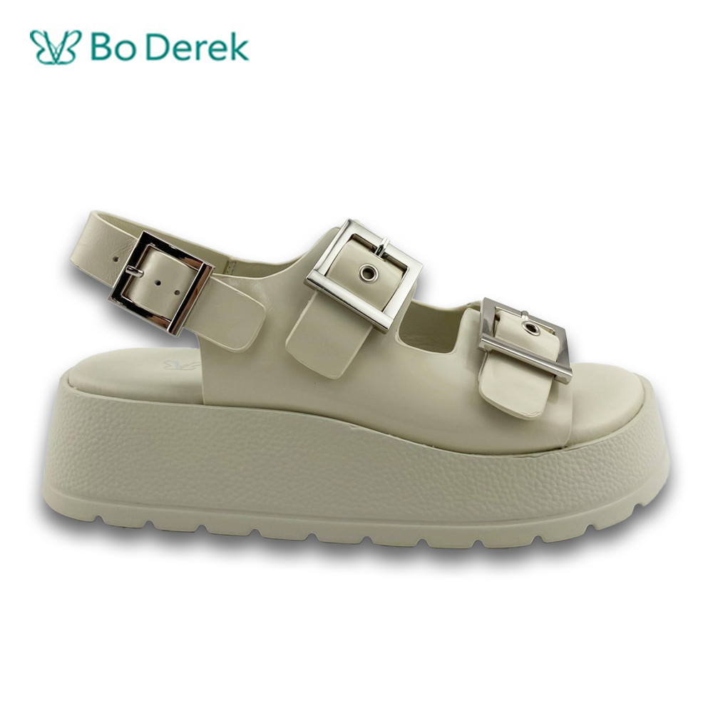 Bo Derek 質感開邊珠牛皮方釦寬帶厚底休閒涼鞋-米白