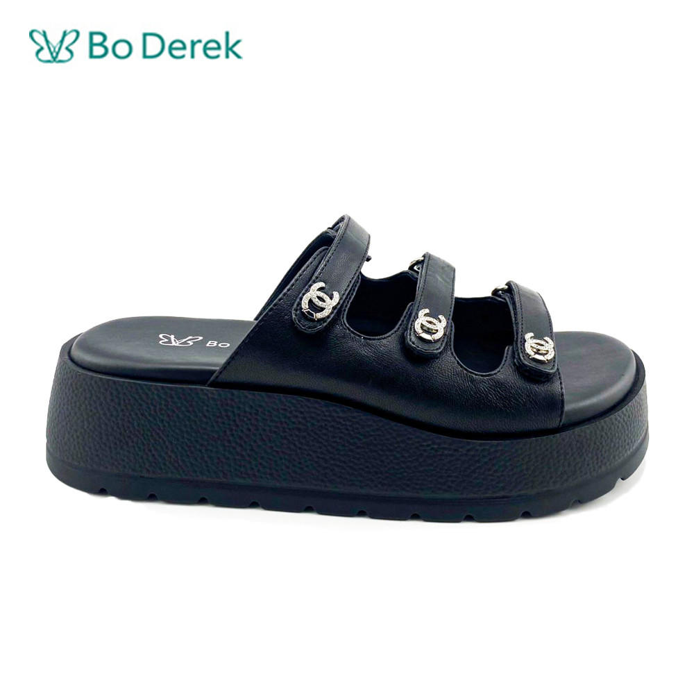 Bo Derek 簡約真皮條帶佐水鑽厚底休閒拖鞋-黑