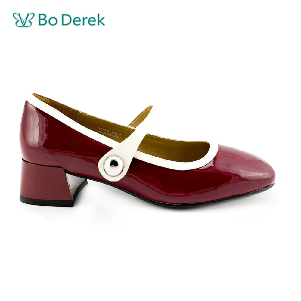 Bo Derek氣質可愛方頭亮面瑪莉珍鞋-酒紅