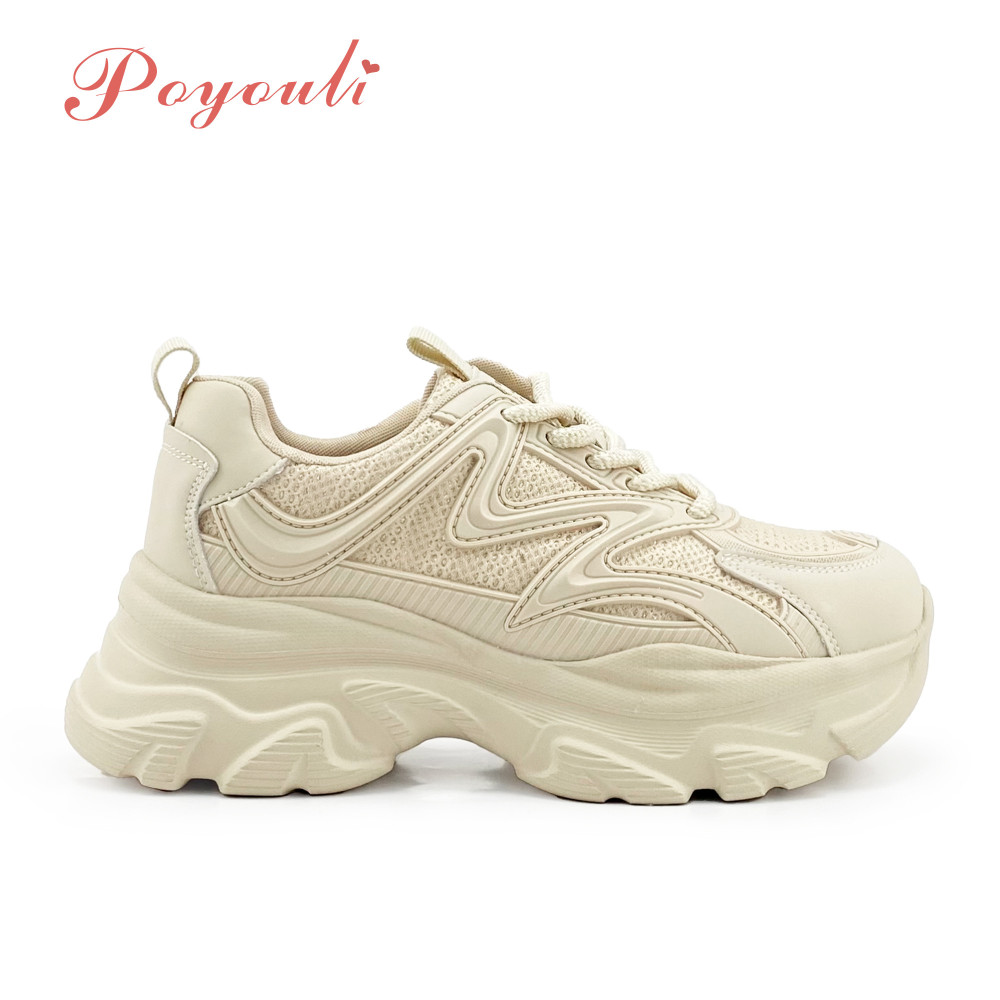 Poyouli 率性潮流異材質拚接綁帶厚底休閒鞋-杏
