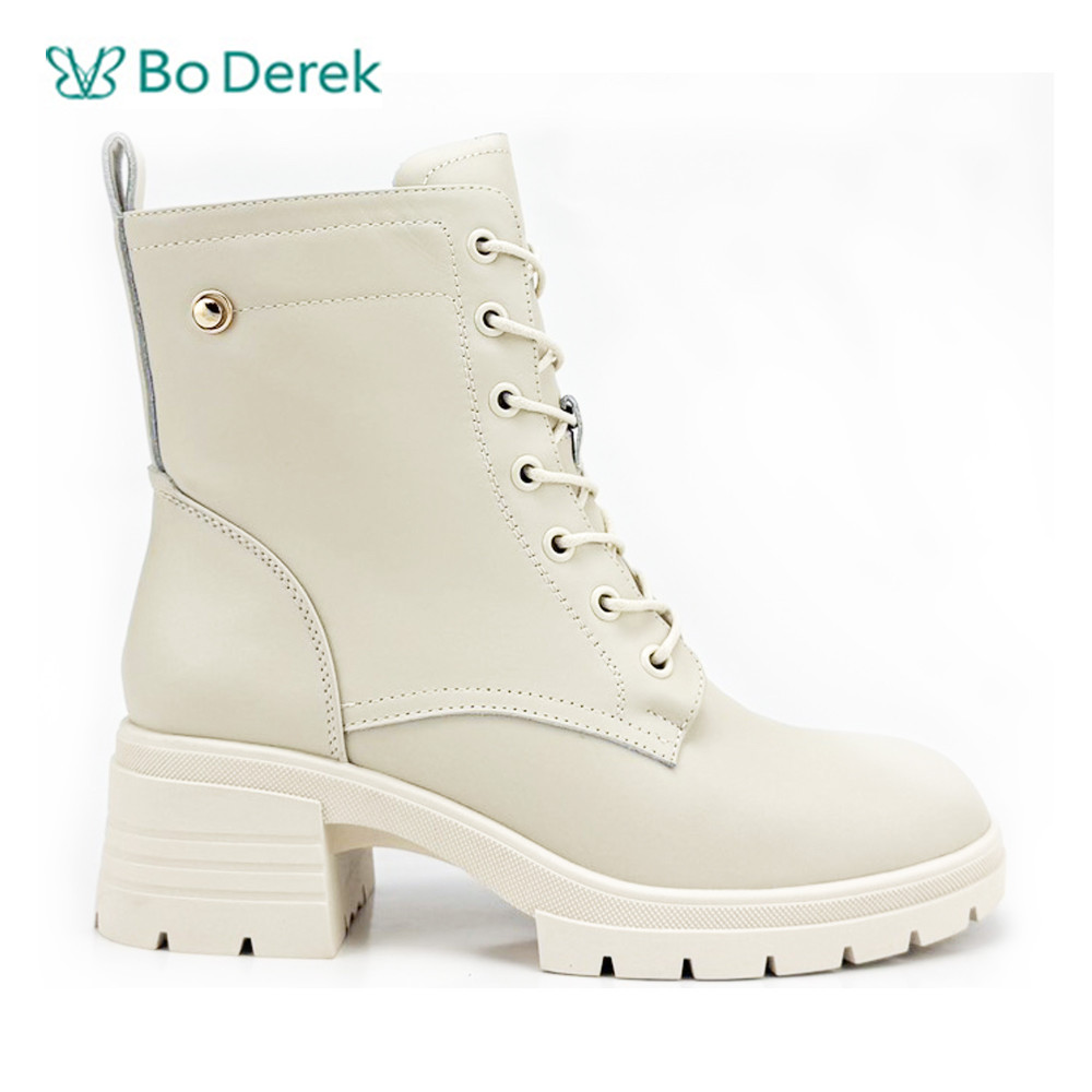 Bo Derek個性女孩牛皮綁帶短靴-米白