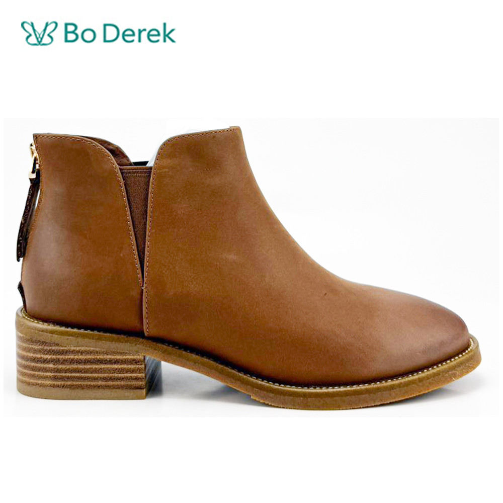 Bo Derek復古牛仔彈力低跟短靴-棕