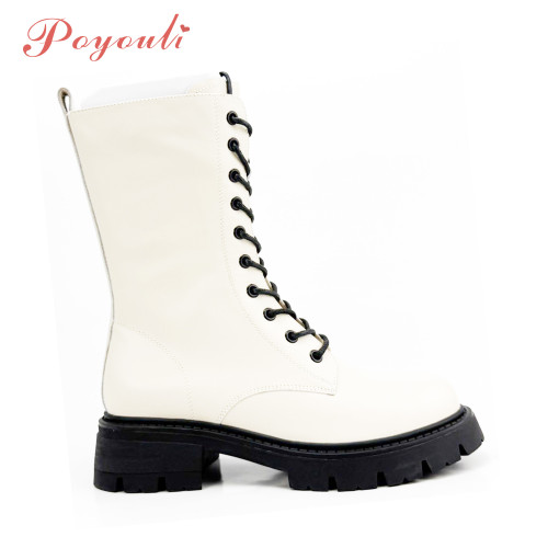 POYOULI帥氣女孩綁帶軍行中靴-米