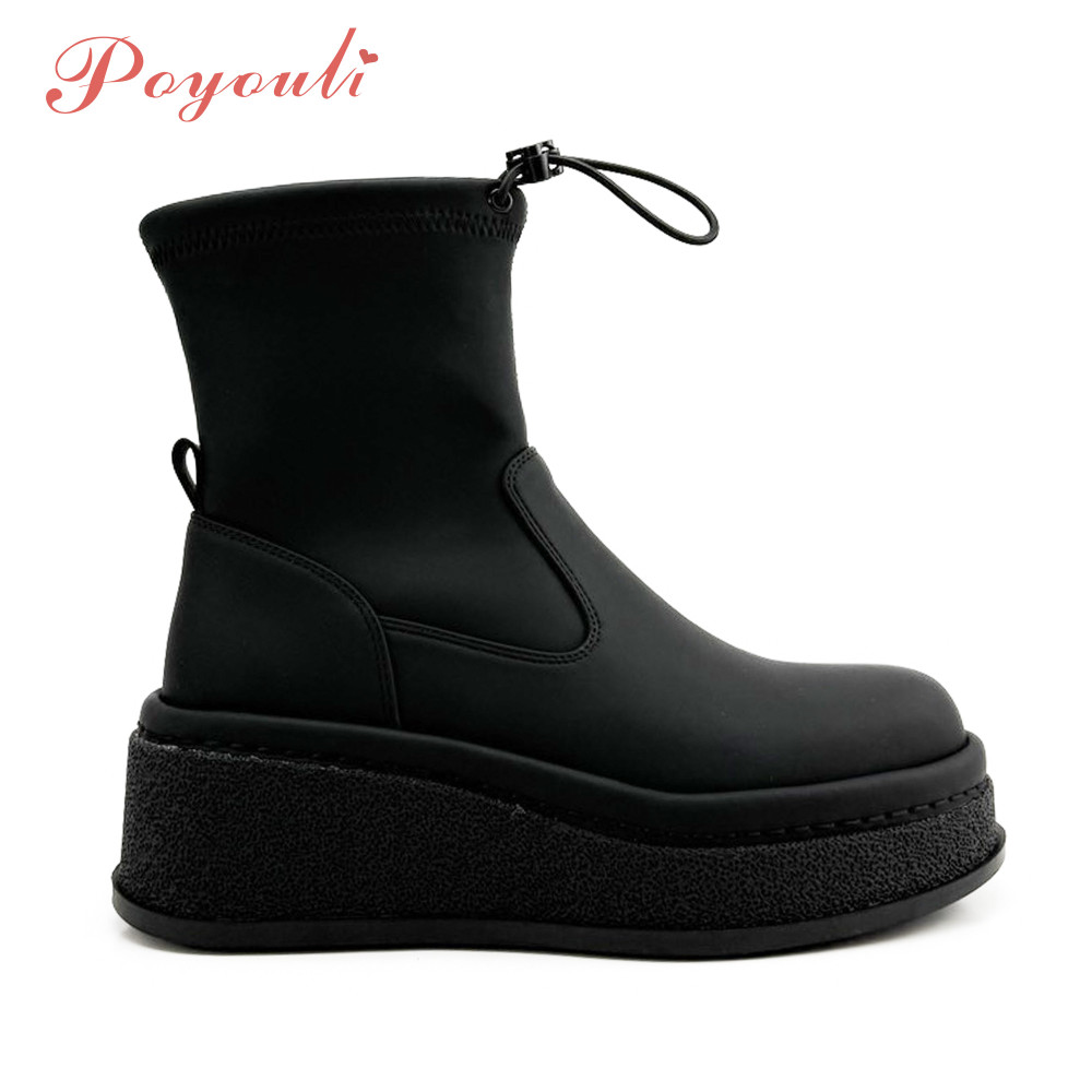 POYOULI素雅絲綢彈力厚底短靴-黑