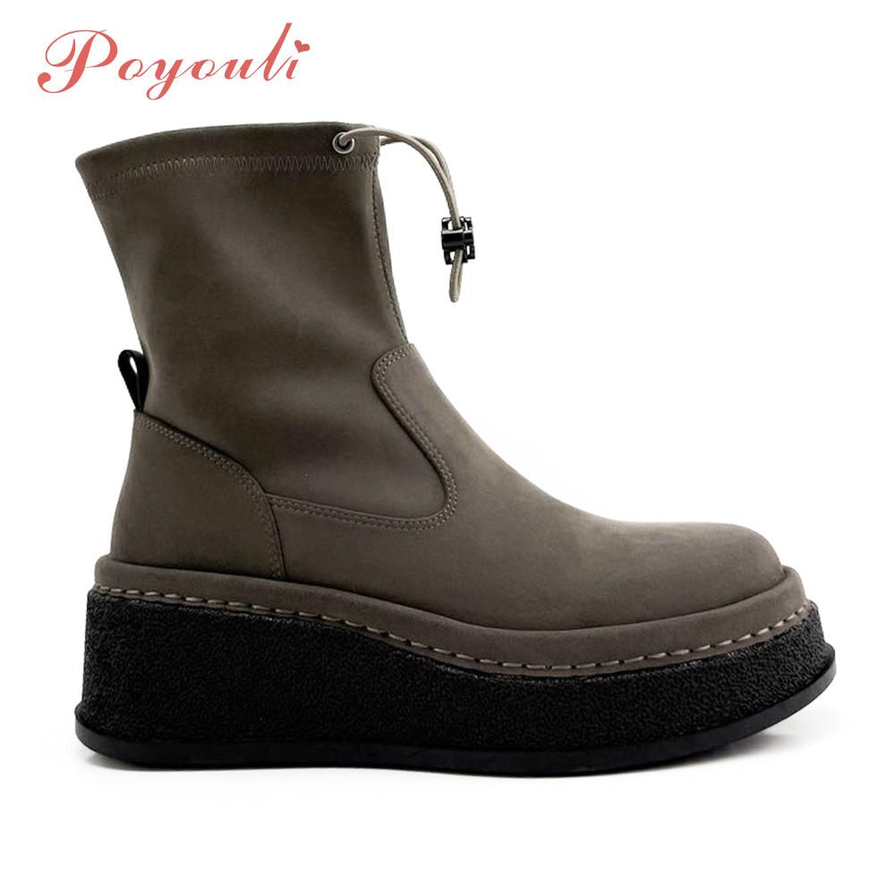 POYOULI素雅絲綢彈力厚底短靴-灰咖