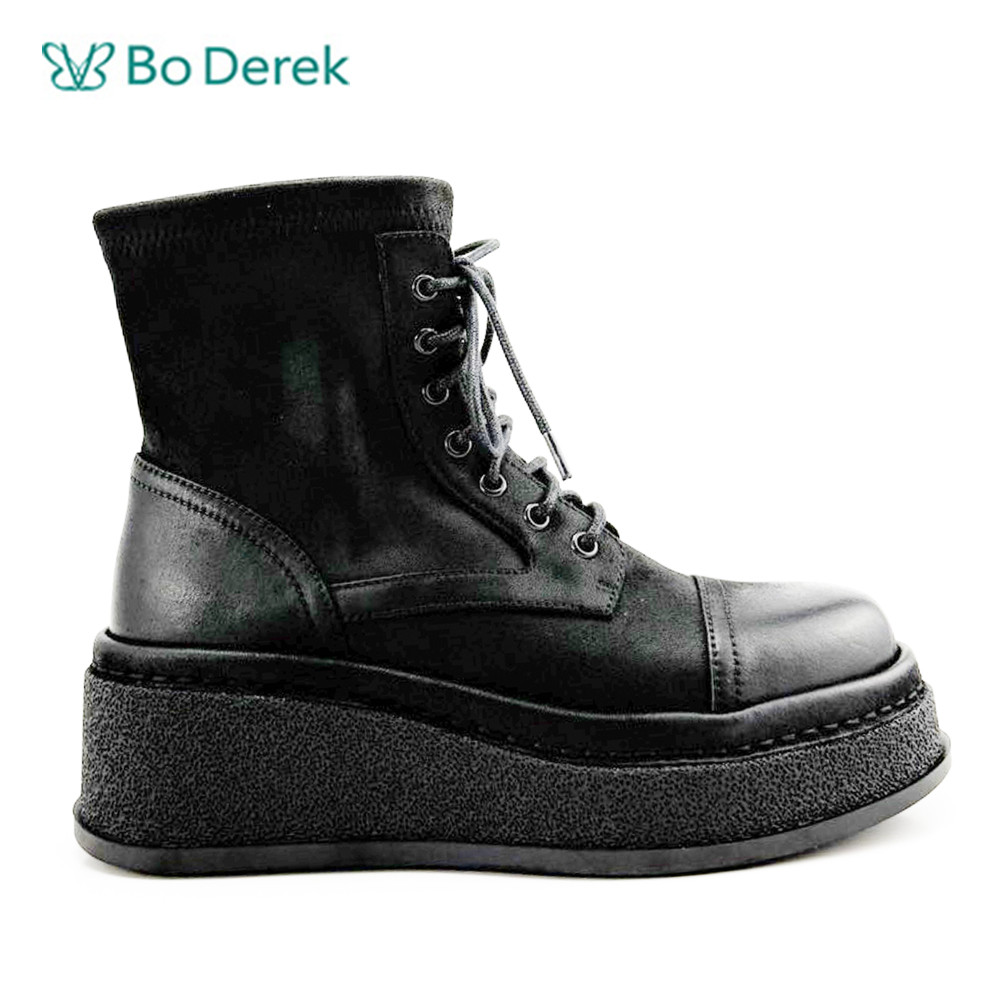 Bo Derek帥氣女孩綁帶圓頭短靴-黑