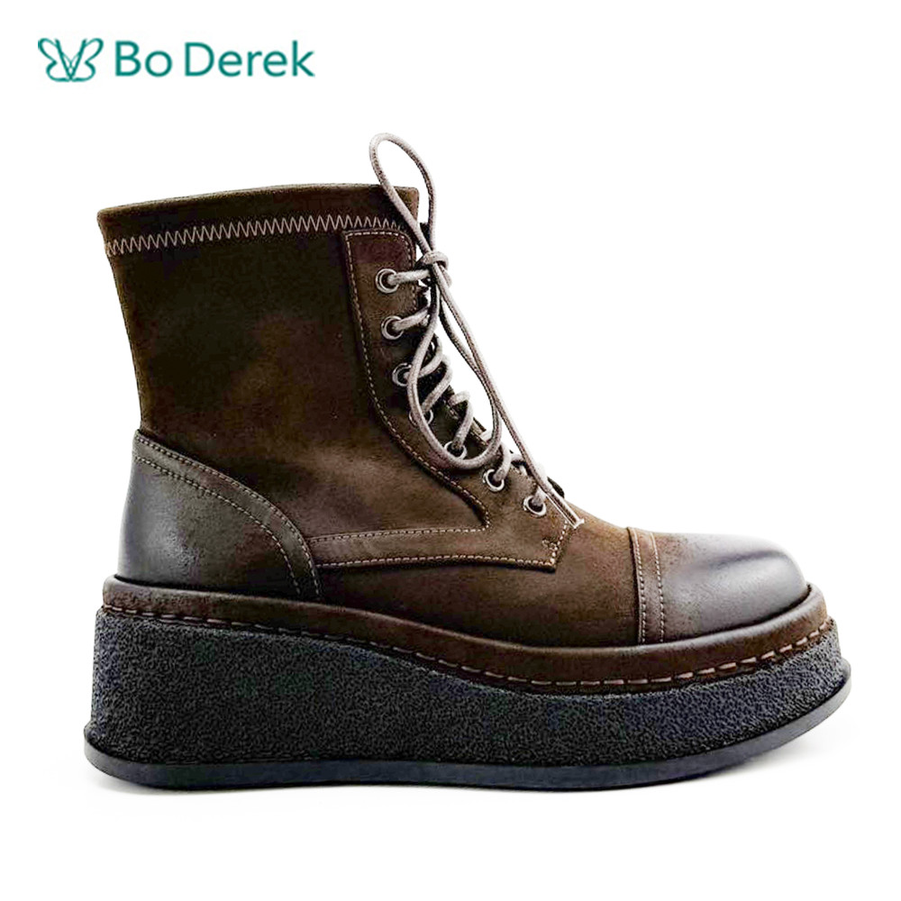 Bo Derek帥氣女孩綁帶圓頭短靴-咖
