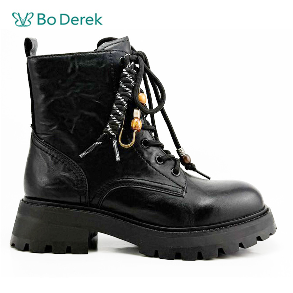 Bo Derek酷女孩綁帶吊飾牛皮短靴-黑