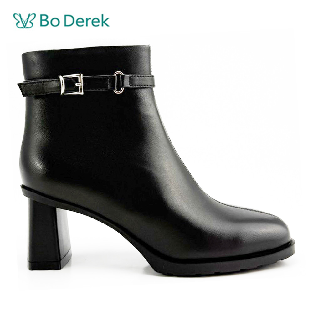 Bo Derek方頭個性扣環裝飾高跟中靴-黑