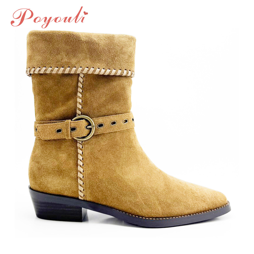 POYOULI甜酷女孩牛仔扣環短靴-棕黃