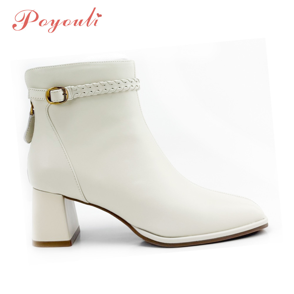 POYOULI質感方型腳踝扣中跟短靴-米
