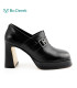 Bo Derek素雅鈕扣方圓頭高粗跟鞋-黑