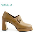 Bo Derek素雅鈕扣方圓頭高粗跟鞋-棕