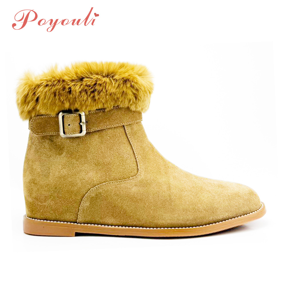 POYOULI雪地方形扣毛絨短靴-淺棕