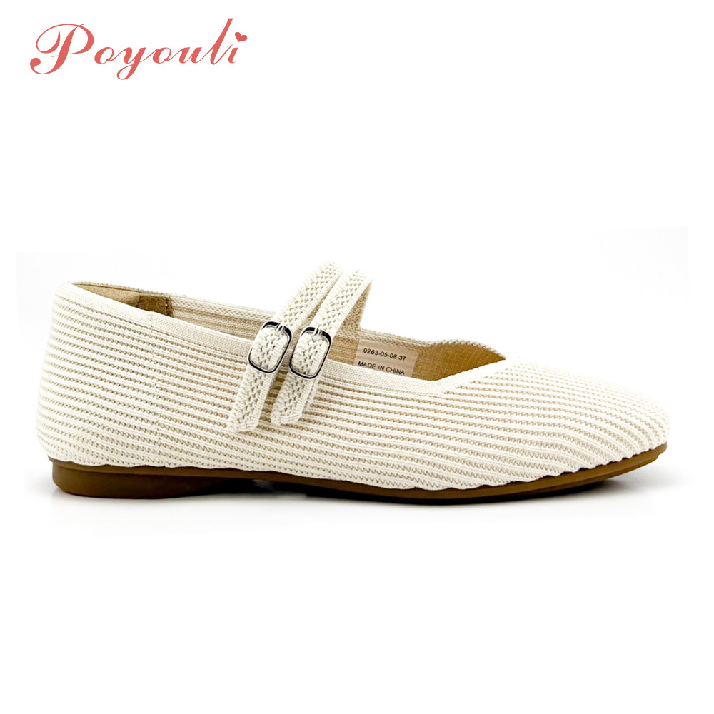 POYOULI多巴胺純色線條紋芭蕾舞鞋-米白