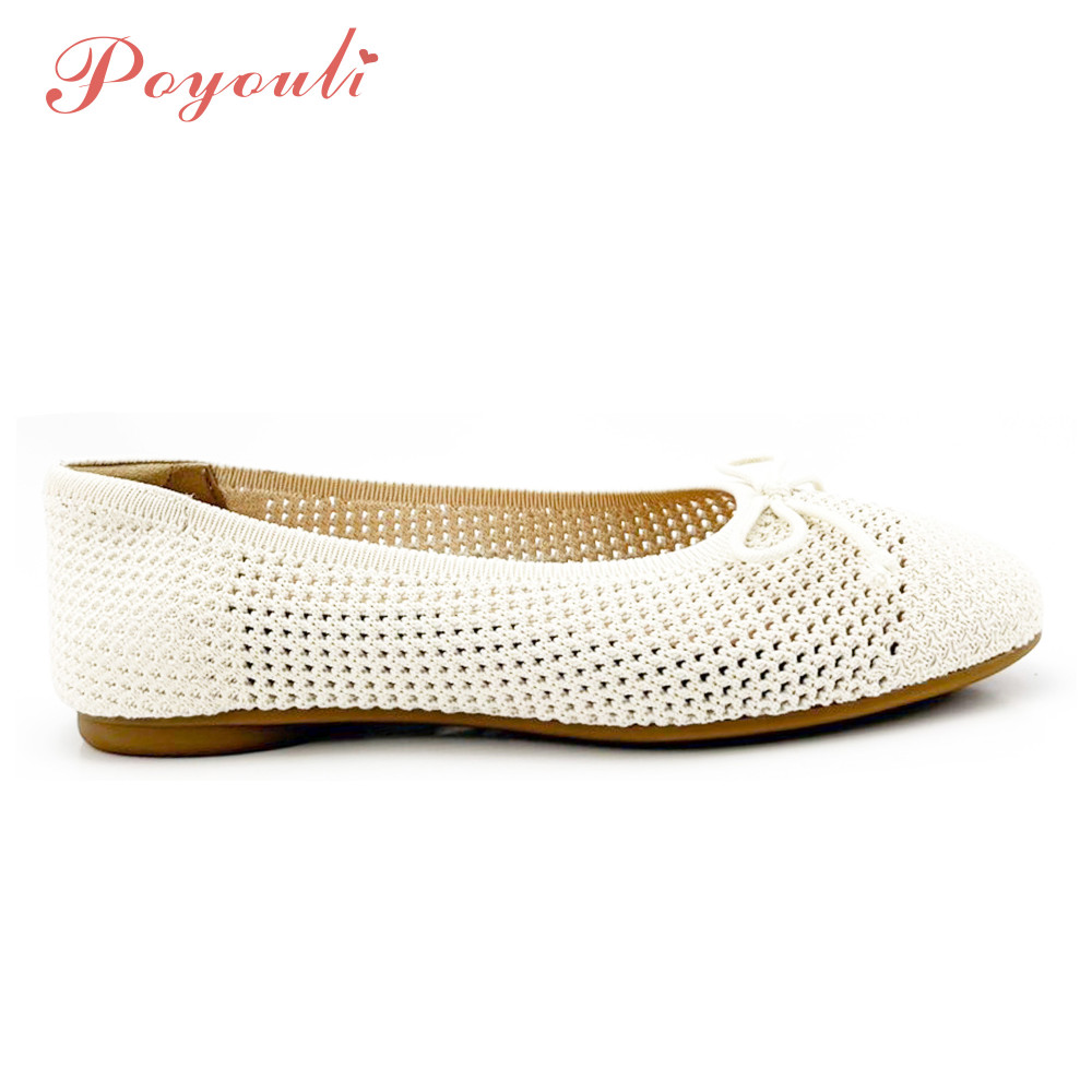 POYOULI可愛蝴蝶結網狀平底包鞋-米白