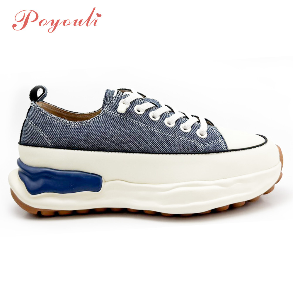 Poyouli 率性真皮免綁帶厚底休閒鞋-牛仔藍