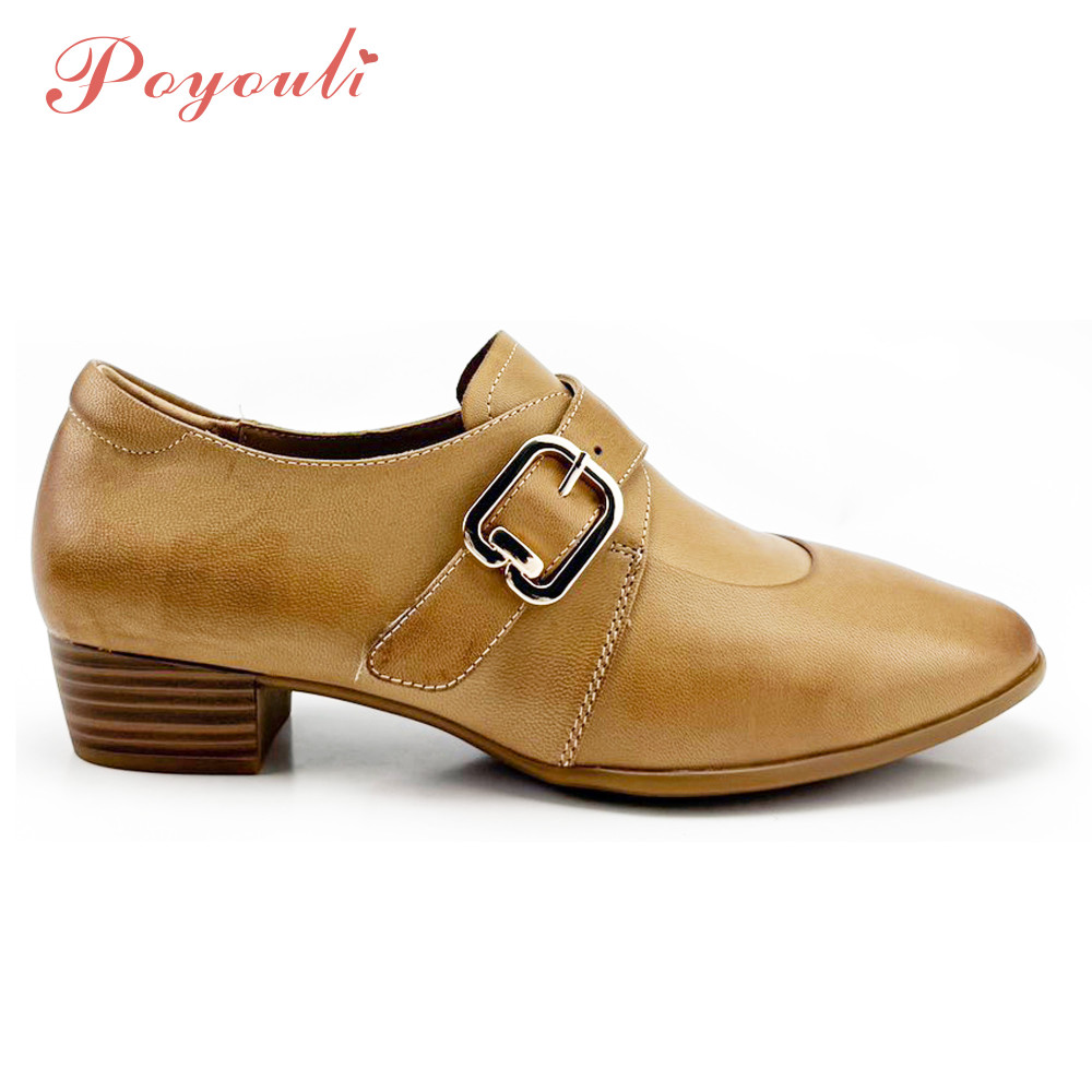 POYOULI率性牛仔風方扣低跟皮鞋-淺棕