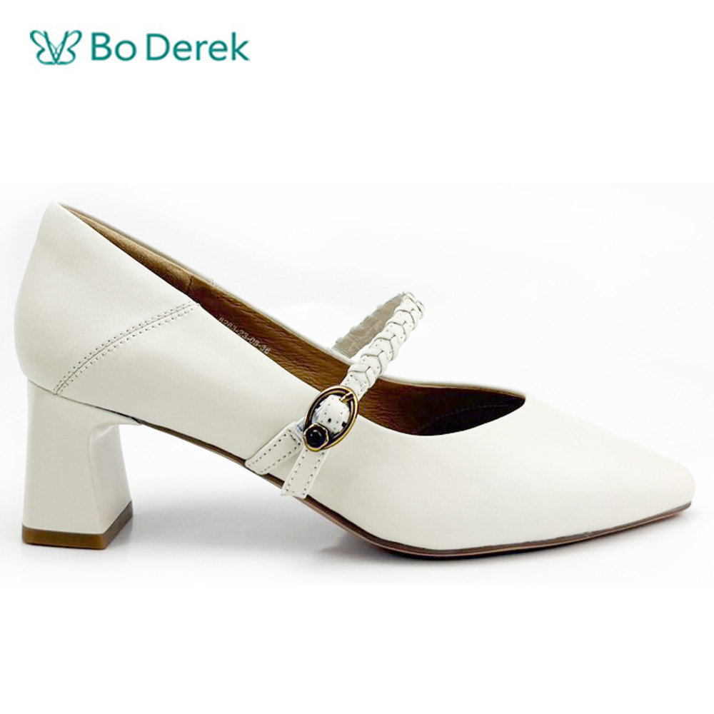 Bo Derek時尚尖頭編織鍊條中跟鞋-米白