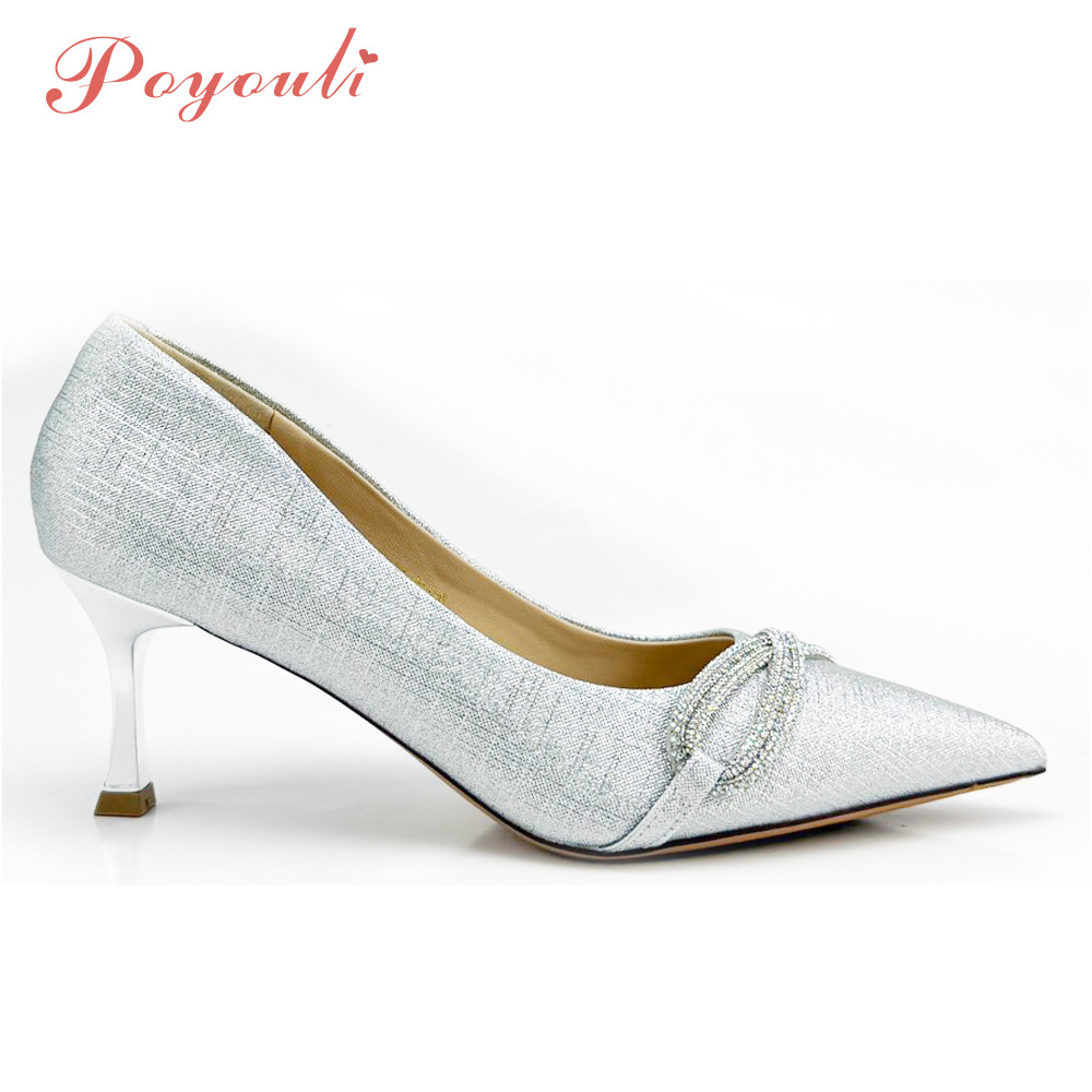 POYOULI細閃高級蝴蝶結中跟鞋-銀