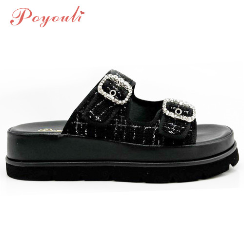 POYOULI小香風氣質方扣鑽厚底拖鞋-黑