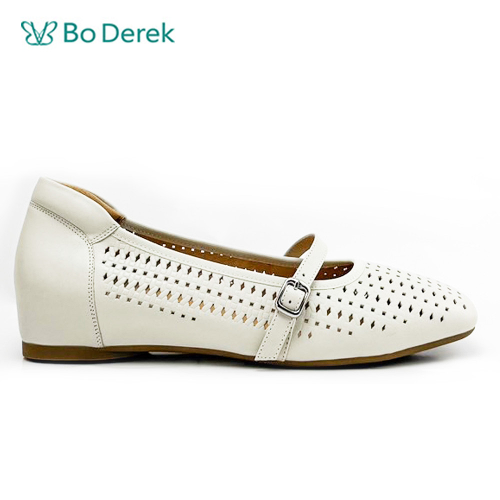 Bo Derek透氣牛皮素雅繫帶娃娃鞋-米白
