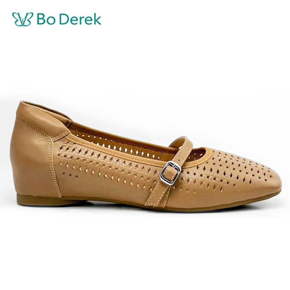 Bo Derek透氣牛皮素雅繫帶娃娃鞋-藍灰