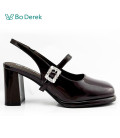 Bo Derek韓系方圓頭時尚漆皮高跟瑪莉珍鞋-咖