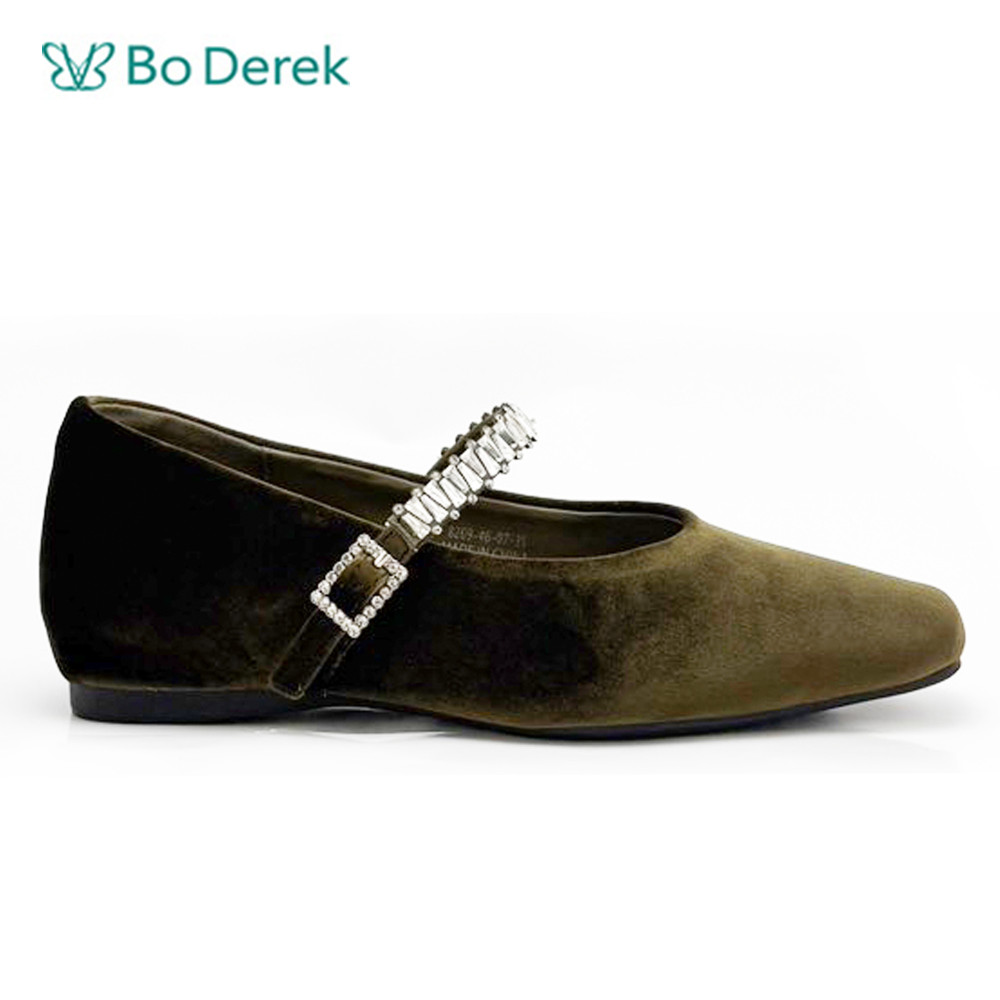 Bo Derek高級方頭繫帶小鑽金絲絨瑪莉珍-墨綠