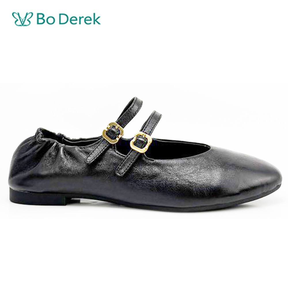 Bo Derek甜美可愛雙扣裝飾平底娃娃鞋-黑